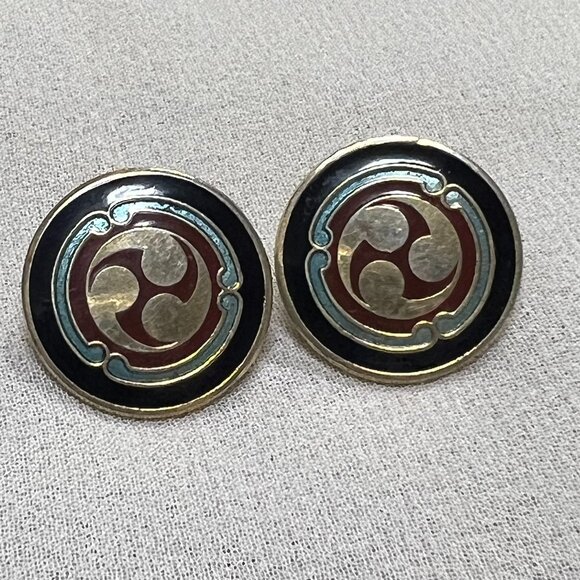 Vintage Laurel Burch Signed LB Enamel Earrings Mitsudomoe Symbol Black Gold Red - Picture 1 of 7